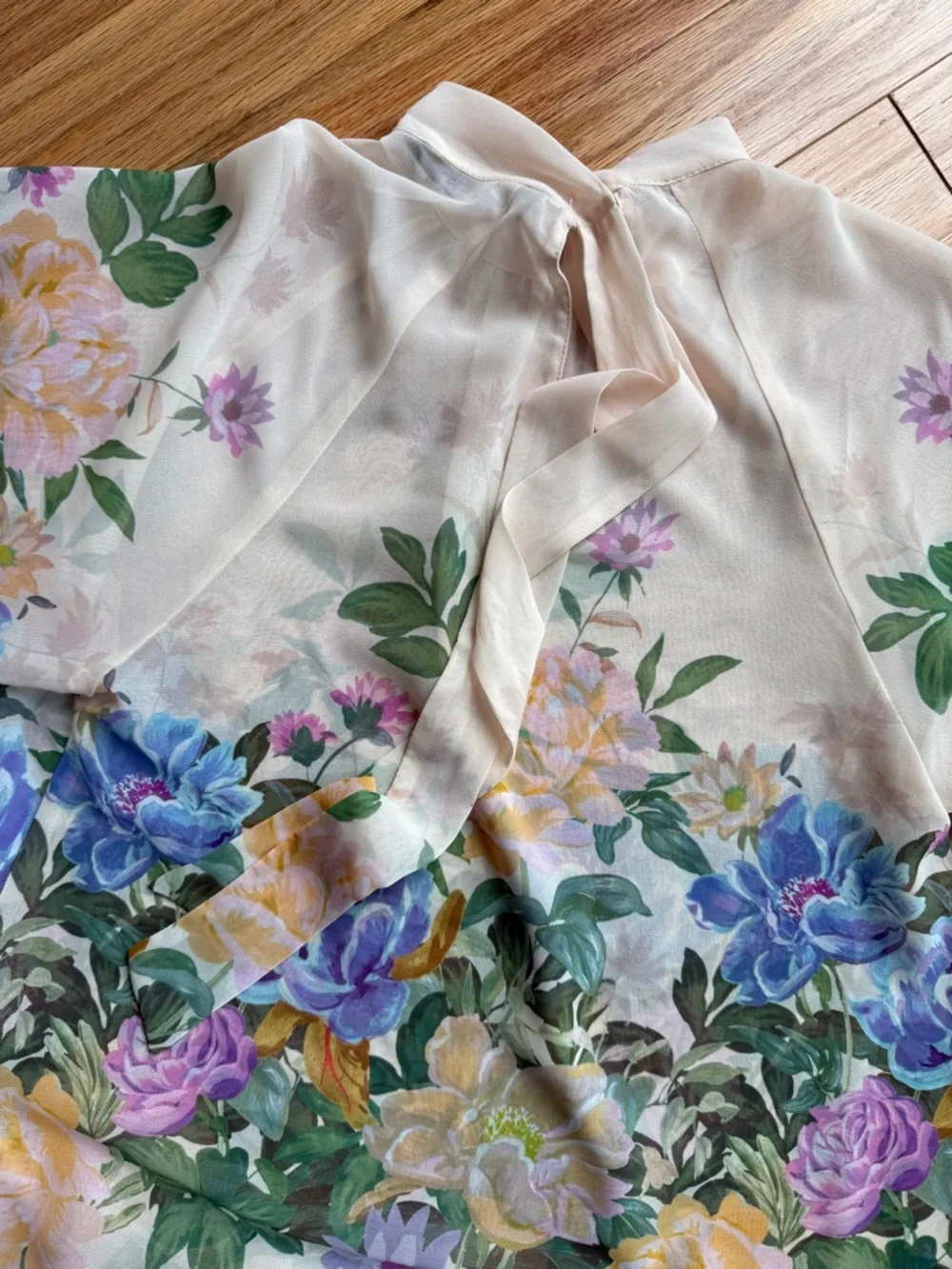 Zara Cream Floral sheer Blouse with tie neck